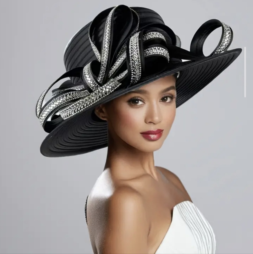 Elegant Black Wide-Brim Hat with Rhinestone Trim - Women Accessories